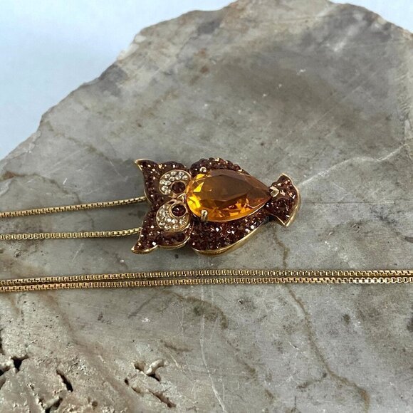 Gold Vermeil Sterling Silver 925 Brown Orange Rhinestone Owl Pendant Necklace - Picture 6 of 16